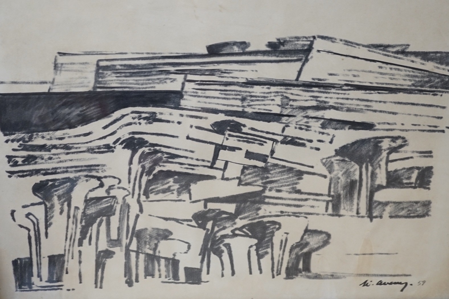 Wilfred Avery (1926-2016), mixed media, Stylised landscape, signed and dated 1961, 26 x 35cm and a similar monochrome landscape, 27 x 36cm